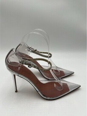 Amina Muaddi Ursina clear PVC crystal ankle strap pumps in silver Size 38